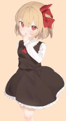 1girl :o absurdres ascot black_skirt black_vest blonde_hair bow commentary cowboy_shot expressionless hair_between_eyes hair_bow highres idemitsu long_sleeves looking_at_viewer open_mouth red_ascot red_bow red_eyes rumia short_hair simple_background skirt skirt_set solo touhou vest yellow_background