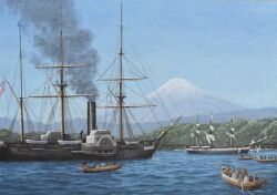 6+others absurdres acrylic_paint_(medium) american_flag atelier_bono boat commentary edo_jidai flag frigate highres historical_event japan mast military_vehicle mount_fuji multiple_others ocean original paddle_wheel painting_(medium) sail ship sky smoke smokestack traditional_media united_states_navy uss_saratoga_(1842) uss_susquehanna_(1850) warship watercraft