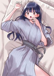 1girl bed_sheet belt black_hair blue_kimono blush boku_no_kokoro_no_yabai_yatsu brown_eyes commentary_request hands_up highres japanese_clothes kimono long_hair looking_at_viewer m2bou open_mouth paid_reward_available solo striped_clothes striped_kimono sweat vertical-striped_clothes vertical-striped_kimono yamada_anna yukata