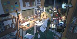 1girl absurdres akutagawa_yomuko algae alien artist_request black_eyes black_tail blonde_hair blurry book book_stack bookshelf bulletin_board cactus chair clock closed_mouth coat_rack coffee coffee_mug commentary_request computer computer_keyboard computer_mouse contrast_collar cork creature cup curtains depth_of_field desk dial digital_clock double-parted_bangs dress eraser fangs ficus_microcarpa floor floral_print floral_print_dress frog g-kun game_screenshot_inset gogh:_focus_with_your_avatar gogh_(girls_creation) grey_shorts guitar guitar_stand headphones highres hood hood_up ika_(gogh) indoors instrument jacket jar key_visual kokeshi kuroda_42 lamp lantern long_hair long_sleeves looking_at_another marimo monitor mousepad_(object) mug notepad official_art on_chair open_book open_clothes open_jacket open_mouth pencil peter_pan_collar phonograph phonograph_needle photo_(object) pink_dress plant pocket potted_plant print_dress promotional_art radio radio_antenna red_eyes rug sansevieria_(plant) scissors second-party_source shadow shelf shirt shorts sleeve_cuffs sleeveless sleeveless_dress smile socks sofubi-chan speaker sticky_note stuffed_animal stuffed_toy succulent_plant tail teddy_bear tongue toy trash trash_can twintails unzipped vinyl_record wall_shelf white_hood white_shirt white_sleeve_cuffs white_sleeves white_socks window