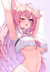 1girl absurdres animal_ears antenna_hair arm_up bare_arms bottomless breasts chest_belt collared_shirt commentary crop_top deaver fang frilled_sleeves frills hakui_koyori hakui_koyori_(1st_costume) highres hololive large_breasts linea_alba long_hair looking_at_viewer navel necktie one_eye_closed open_mouth paid_reward_available pink_hair pink_necktie purple_eyes shirt simple_background sleeveless sleeveless_shirt smile solo stomach stretching underboob variant_set virtual_youtuber white_background white_shirt wolf_ears wolf_girl