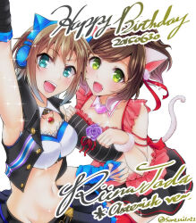 2015 :d animal_ear_headphones animal_ears arm_up blue_flower blue_rose bra breasts brooch brown_hair cat_ear_headphones cat_ears cat_tail character_name cleavage collar collarbone cropped_jacket dated fake_animal_ears fang flower frilled_bra frills gold_buttons green_eyes group_name happy_birthday headphones heart heart_brooch idolmaster idolmaster_cinderella_girls jewelry maekawa_miku navel open_mouth over_the_collar_(idolmaster) paw_pose rose ryosesanzui smile sparkle tada_riina tail teeth thigh_gap twitter_username underwear upper_teeth_only white_wrist_cuffs wrist_cuffs