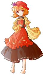 1girl aki_minoriko alphes_(style) apron barefoot blonde_hair commentary_request dairi food fruit full_body grapes hat long_sleeves looking_at_viewer neck_ribbon parody red_eyes ribbon ringed_eyes shirt short_hair skirt smile solo style_parody tachi-e touhou transparent_background wide_sleeves