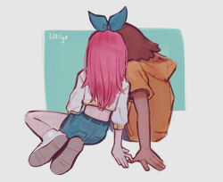 1boy 1girl arm_support artist_name aubrey_(faraway)_(omori) aubrey_(omori) blue_hairband blue_skirt brown_hair cropped_jacket dark-skinned_male dark_skin denim denim_skirt from_behind hairband highres hood hood_down hoodie jacket kel_(faraway)_(omori) kel_(omori) long_sleeves omori orange_hoodie pink_hair shoes short_sleeves sitting skirt sneakers ullilya1 white_jacket white_shoes