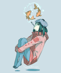 1girl black_eyes black_hair blue_background blue_legwear coat commentary english_commentary female_focus fish high_collar highres hugging_own_legs ice_pack long_hair looking_up mouth_hold original overcoat pantyhose sick simple_background sketch solo thermometer watermark web_address yuumei