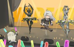 Rule 34 | 1girl, ahoge, bangboo (zenless zone zero), chibi, chibi only, closed eyes, closed mouth, dancing, dress, ethereal (zenless zone zero), glowstick, highres, holding, holding glowstick, jumping, long hair, long sleeves, non-humanoid robot, official alternate costume, pantyhose, robot, smile, stage, stage lights, v-shaped eyebrows, xinzoruo, yixuan (trails of ink) (zenless zone zero), yixuan (zenless zone zero), zenless zone zero, zzz wipeout