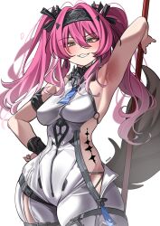 1girl absurdres arm_up armor armpits black_bow bodysuit bow breasts clawing collar green_eyes hair_ornament hairband highres holding large_breasts long_hair looking_at_viewer lupa_(wuthering_waves) metal_collar metal_hairband pink_hair red_pupils rirua_(kjom802) simple_background smile solo tail twintails white_background white_bodysuit wolf_tail wrist_guards wuthering_waves