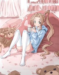Rule 34 | 1girl, aerith gainsborough, alternate costume, bervens12, blue hoodie, bookshelf, brown hair, casual, cup, curtains, final fantasy, final fantasy vii, full body, green eyes, hair tie, highres, holding, holding cup, hood, hood down, hoodie, light blush, long hair, long sleeves, looking at viewer, no shoes, parted bangs, pink ribbon, pink shorts, ponytail, ribbon, shorts, sidelocks, sitting, smile, solo, steaming cup, stuffed animal, stuffed toy, teddy bear, thighhighs, wavy hair, white thighhighs