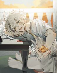 1boy :d absurdres aged_down ancient_greek_clothes antenna_hair blue_eyes blush chiton commentary_request food ggtnnk greco-roman_clothes head_on_table highres holding holding_food honkai:_star_rail honkai_(series) indian_style male_focus neck_tattoo open_mouth orange_sky parted_bangs phainon_(honkai:_star_rail) shirt short_hair sitting sky smile solo sun_symbol sun_tattoo table tan tattoo white_hair white_shirt