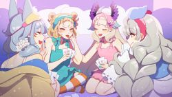 Rule 34 | 4girls, absurdly long hair, absurdres, ahoge, animal ears, aqua nails, bangs pinned back, bed, bed sheet, bird girl, black eyeshadow, black nails, blonde hair, blue hair, blush, bob cut, bow, braid, card, closed eyes, closed mouth, double bun, dress, enna alouette, ethyria, extra ears, eyeshadow, fang, finger to eye, flower, fox ears, fox girl, fox tail, green dress, green eyes, green headband, grey hair, hair bow, hair bun, hair flower, hair ornament, hairclip, hand on another&#039;s waist, head wings, headband, highres, indian style, jacket, laughing, logo, long hair, long sleeves, looking at viewer, makeup, matching outfits, mature female, medium hair, midriff, millie parfait, mole, mole under eye, multicolored hair, multicolored legwear, multiple girls, nail polish, nijisanji, nijisanji en, nina kosaka, nrnmarie, official alternate costume, open mouth, orange legwear, outstretched arm, pink dress, pink headband, playing card, purple bow, purple dress, purple eyes, purple eyeshadow, purple headband, purple wings, red eyes, red headband, reimu endou, seiza, shirt, short eyebrows, short hair, shorts, side braid, signature, sitting, skin fang, sleeveless, smile, striped clothes, striped dress, tail, tank top, teeth, thighhighs, tongue, tongue out, twin braids, very long hair, virtual youtuber, white flower, white legwear, white shirt, white tank top, wings, yellow jacket, yellow shorts