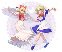 Rule 34 | 2girls, angel wings, apron, blonde hair, blue dress, bow, dress, feathered wings, gengetsu (touhou), grid, grid background, guumin, hair bow, highres, juliet sleeves, long sleeves, lotus land story, maid, maid headdress, mugetsu (touhou), multiple girls, no shoes, puffy sleeves, red bow, ribbon, short hair, short sleeves, smile, socks, suspenders, touhou, touhou (pc-98), waist apron, warped, white socks, white wings, wings, yellow eyes