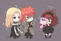 Rule 34 | &gt; &lt;, 1girl, 2boys, ahoge, ani inako, black hairband, black skirt, blonde hair, blue eyes, brown hair, cassock, chibi, chibi only, closed mouth, covering own eyes, crossed bangs, dame x prince, embarrassed, flying sweatdrops, full body, gloves, grey background, gurimaru, hairband, long sleeves, multiple boys, narek ischl de milidonia, open mouth, purple eyes, red hair, red shirt, ruei (chicking), scarf, shirt, short hair, simple background, skirt, stole, vino von lomzard, wavy mouth, white gloves