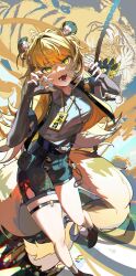 1girl :3 :d absurdres animal animal_ear_fluff animal_ears belt bigchaping blonde_hair breast_pocket chain chinese_commentary claw_pose commentary_request denim denim_shorts facing_viewer fang fingerless_gloves full_body gloves green_eyes grey_shirt highres jacket ju_fufu lanyard long_hair looking_at_viewer open_clothes open_jacket open_mouth pocket shaded_face shirt shorts smile solo standing tail teeth thigh_strap tiger tiger_ears tiger_girl tiger_tail yellow_jacket zenless_zone_zero