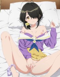 Rule 34 | 1girl, absurdres, antenna hair, bare shoulders, barefoot, black hair, blue neckerchief, bra, bra pull, breasts, censored, clothes pull, commentary request, furrowed brow, hair ornament, hair over one eye, hair scrunchie, hand up, highres, long sleeves, looking at viewer, lying, m legs, medium breasts, medium hair, mosaic censoring, neckerchief, nipples, on back, on bed, paid reward available, panties around one ankle, pillow, pleated skirt, presenting pussy, purple bra, purple shirt, pussy, rikka (rikkaarts), sailor collar, scrunchie, shirt, shirt pull, shiunji-ke no kodomotachi, shiunji kotono, skirt, smile, solo, spread legs, spread pussy, spreading own pussy, underwear, white sailor collar, yellow eyes, yellow scrunchie, yellow skirt