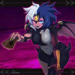 1girl bent_over blue_tongue breasts card colored_sclera colored_tongue covered_erect_nipples cowboy_shot dclaret demon_girl demon_wings duel_monster facial_mark green_eyes grey_hair heterochromia highres holding holding_card large_breasts multicolored_hair open_mouth orange_eyes purple_background purple_hair solo spikes third_eye trading_card two-tone_hair wings yellow_sclera yu-gi-oh! yubel