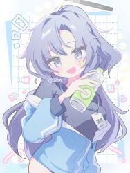 1girl :d anzen_robo_(474zz) artist_name black_halo black_shirt blue_archive bottle checkered_background commentary gym_uniform halo holding holding_bottle id_card jacket jacket_partially_removed long_hair long_sleeves looking_at_viewer millennium_science_school_logo notice_lines official_alternate_costume official_alternate_hairstyle open_mouth ponytail purple_eyes purple_hair shirt smile solo star_sticker sticker_on_face sweat track_jacket white_background yuuka_(blue_archive) yuuka_(track)_(blue_archive)