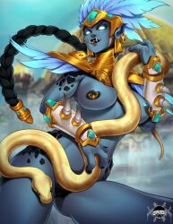 Rule 34 | 1girl, absurdres, artist logo, black hair, blank eyes, blue feathers, blue skin, breasts, colored skin, earrings, face piercing, feathers, glowing, glowing eyes, highres, hizzacked, jewelry, large breasts, lip piercing, lip ring, logo, long hair, nipple piercing, nipples, nude, piercing, princess talanji, pussy, snake, solo, troll, tusks, warcraft, world of warcraft, zandalari troll