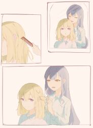 Rule 34 | 2girls, bang dream!, bang dream! it&#039;s mygo!!!!!, blonde hair, blue hair, blue shirt, blush, braiding hair, brushing hair, commentary request, dress shirt, hairdressing, highres, long hair, maa-chan (sima), medium hair, misumi uika, multiple girls, purple eyes, shirt, sidelocks, simple background, togawa sakiko, upper body, white background, white shirt