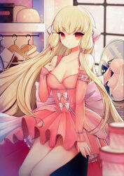 1girl animal_ears atashi_(chobits) blonde_hair bow breasts chii chobits cleavage closet clothes_hanger commentary_request dress frills gloves hair_tubes highres indoors large_breasts long_hair looking_at_viewer orange_eyes persocom_(chobits) pink_bow pink_dress pink_gloves robot_ears solo tundrea very_long_hair window