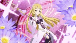 Rule 34 | blonde hair, bow, bowtie, falling petals, flower, grey eyes, hair flower, hair ornament, holding, holding polearm, holding weapon, long hair, lotus, magical girl, nogi sonoko, official art, petals, polearm, purple bow, purple bowtie, smile, spear, thighhighs, weapon, yuuki yuuna wa yuusha de aru, yuuki yuuna wa yuusha de aru: hanayui no kirameki, yuusha de aru