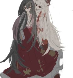 2girls a_umanee black_hair fujiwara_no_mokou full_body houraisan_kaguya long_hair looking_at_another looking_at_viewer multiple_girls red_eyes red_skirt side-by-side skirt touhou very_long_hair white_background white_hair