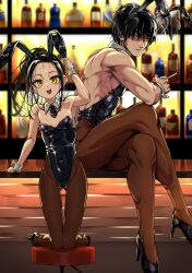 1boy 1girl absurdres animal_ears bar_(place) black_hair black_leotard breasts cigarette commentary_request crossed_legs fake_animal_ears high_heels highleg highleg_leotard highres holding holding_cigarette irokohaku kamisaki_hikaru leotard long_hair looking_at_viewer male_playboy_bunny medalist_(manga) muscular muscular_male pantyhose playboy_bunny ponytail rabbit_ears small_breasts smile smoking thigh_gap yellow_eyes yodaka_jun