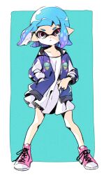 1girl blue_hair closed_mouth dress full_body gradient_hair hand_in_pocket highres inkling inkling_girl inkling_player_character jacket long_sleeves looking_at_viewer multicolored_hair nintendo open_clothes open_jacket pink_eyes pink_shoes pointy_ears purple_hair purple_jacket sen_squid serious shoes short_hair sneakers solo splatoon_(series) standing tentacle_hair third-party_source white_dress