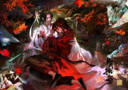 2boys absurdres artist_request autumn_leaves bandaged_ankle black_boots black_eyes black_hair black_pants black_shoes blood blood_on_clothes blood_on_face blood_on_hands blood_splatter boots branch chinese_clothes chinese_commentary chinese_text closed_mouth clothes_grab coin coin_mask commission dao_gui_yi_xian falling_leaves flower folded_fan folding_fan full_body hair_bun hair_ornament hair_ribbon hair_stick half_updo hand_fan hanfu highres holding holding_fan holed_coin hug leaf li_huowang long_hair long_sleeves looking_at_another looking_down male_focus maple_leaf mask mouth_veil multiple_boys paintbrush_hair_ornament pants parted_lips partially_submerged ponytail red_eyes red_hanfu red_ribbon ribbon ripples seal_impression second-party_source shoes single_hair_bun sitting sitting_on_person tassel tree veil water white_hanfu white_ribbon wide_sleeves yaoi zhuge_yuan