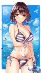 1girl absurdres bikini blue_sky breasts chinese_commentary cleavage cloud commentary_request cowboy_shot day front-tie_bikini_top front-tie_top highres horizon katou_megumi kokoa_(user_zrrr5457) large_breasts looking_at_viewer ocean outdoors saenai_heroine_no_sodatekata side-tie_bikini_bottom sky smile solo striped_bikini striped_clothes swimsuit water_drop