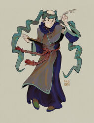1girl absurdres alternate_costume alternate_hairstyle artist_name birbwell black_eyes choker closed_mouth commentary cross cross_choker dated detached_sleeves english_commentary full_body green_hair hatsune_miku highres holding holding_quill long_hair monk quill robe simple_background solo spiked_choker spikes standing tonsure twintails vocaloid wide_sleeves