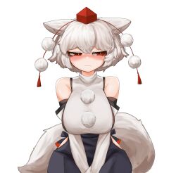 1girl absurdres animal_ears bare_shoulders blush breasts closed_mouth commentary detached_sleeves hat highres inubashiri_momiji korean_commentary large_breasts looking_to_the_side pom_pom_(clothes) red_eyes red_hat short_eyebrows simple_background solo tail tokin_hat touhou v_arms virtus white_background wolf_ears wolf_girl wolf_tail