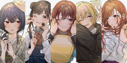 5girls 5others :t absurdres ahoge annoyed arisugawa_natsuha arms_up backpack bag black_hoodie blue_hair blue_sweater blunt_bangs blurry blush bra_strap bracelet brown_eyes brown_hair cheek_pinching chocolate closed_mouth column_lineup commentary_request confused dot_nose double_bun ear_piercing earrings fanged_bangs floral_print flower flying_sweatdrops food grey_background grey_eyes grey_shirt hair_bun hair_flower hair_ornament hand_on_another&#039;s_cheek hand_on_another&#039;s_face hands_on_another&#039;s_cheeks hands_on_another&#039;s_face hands_up head_tilt headpat highres holding holding_bag holding_chocolate holding_food hood hoodie houkago_climax_girls_(idolmaster) idolmaster idolmaster_shiny_colors iwawa japanese_clothes jewelry kimono komiya_kaho long_hair long_sleeves looking_at_viewer looking_to_the_side low_ponytail morino_rinze multiple_girls multiple_others one_eye_closed open_mouth out_of_frame overalls parted_lips piercing pinching playing_with_own_hair ponytail purple_eyes randoseru red_eyes ring saijo_juri shirt short_hair short_twintails simple_background smile snack sonoda_chiyoko striped_clothes striped_sweater sweater teeth turtleneck twintails two_side_up upper_body upper_teeth_only wavy_mouth white_background white_shirt white_sweater