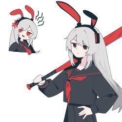 1girl absurdres anger_vein animal_ear_hairband animal_ears baseball_bat black_serafuku black_shirt black_skirt closed_mouth commentary cropped_torso english_commentary fake_animal_ears girls&#039;_frontline girls&#039;_frontline_2:_exilium grey_hair hairband hand_on_own_hip highres holding holding_baseball_bat krolik_(girls&#039;_frontline_2) long_hair looking_at_viewer multiple_views myticalcat neckerchief open_mouth pleated_skirt rabbit_ears red_eyes red_neckerchief school_uniform serafuku shirt simple_background skirt white_background