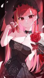 1girl absurdres akane_lize arm_behind_back bare_shoulders belt_buckle black_background black_choker black_dress black_nails black_wings blunt_bangs breasts buckle choker cleavage collarbone colored_inner_hair commentary criss-cross_strings cross cross_earrings dress earrings falling_petals floral_print_dress flower frilled_headwear fur-trimmed_dress fur_trim gradient_background hand_in_own_hair hand_up highres jewelry lace-trimmed_choker lace_trim large_breasts light_particles long_hair looking_at_viewer mole mole_on_cheek multicolored_hair nail_polish petals print_dress red_flower red_hair red_pupils red_rose red_trim rose see-through_clothes sidelocks single_earring sleeveless sleeveless_dress solo sparkle standing stellive streaked_hair symbol-only_commentary very_long_hair virtual_youtuber wings yuel_1011