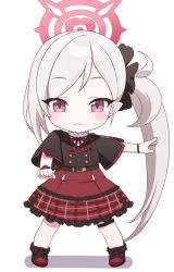 1girl :3 black_flower blue_archive chads_dancing_to_california_gurls_(meme) chibi dancing flower frilled_skirt frills grey_hair hair_flower hair_ornament hair_scrunchie halo high-waist_skirt highres meme mutsuki_(blue_archive) neck_ribbon plaid_clothes plaid_skirt pn_(wnsl216) pointy_ears purple_eyes red_skirt ribbon scrunchie side_ponytail simple_background skirt smile solo white_background wide_sleeves