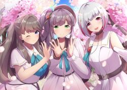 3girls 4th_live_dream_~bloom_the_dream_believers~ :d ;3 bare_shoulders blush bob_cut brown_hair cherry_blossoms closed_mouth clothing_cutout collarbone colored_inner_hair commentary_request dream_believers dress falling_petals flower flower_hands flower_hands_trio flower_stand_art fujishima_megumi green_eyes hair_bun hair_flower hair_ornament highres inverted_bob kaudon link!_like!_love_live! long_hair long_sleeves looking_at_viewer love_live! multicolored_hair multiple_girls official_alternate_costume one_eye_closed open_mouth otomune_kozue outdoors petals pink_dress pink_eyes pink_petals purple_eyes purple_hair red_flower red_hair short_hair short_sleeves shoulder_cutout side_ponytail sidelocks single_side_bun smile split_mouth star_(symbol) star_hair_ornament streaked_hair tassel tassel_hair_ornament tree two_side_up virtual_youtuber white_hair yugiri_tsuzuri