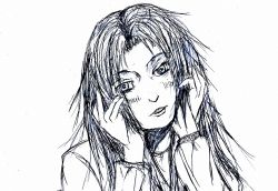 1girl alma_wade black_hair creepy f.e.a.r. female_focus hands_on_own_face long_hair looking_at_viewer mirai_nikki monochrome parody solo white_background yandere_trance
