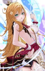 1girl ahoge backless_outfit blonde_hair breasts commentary_request escoffier_(genshin_impact) frilled_wrist_cuffs frills from_side genshin_impact green_eyes hair_between_eyes hand_on_own_hip hand_up hat highres holding holding_knife knife large_breasts long_hair looking_at_viewer looking_to_the_side open_mouth rinmel9 solo thighhighs very_long_hair white_hat white_thighhighs white_wrist_cuffs wrist_cuffs