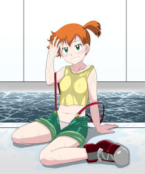 1girl armpits arms_up asymmetrical_hair blush breasts covered_erect_nipples creatures_(company) denim denim_shorts game_freak gen_1_pokemon green_eyes green_shorts hair_tie highres kakkii legs looking_at_another looking_at_viewer misty_(pokemon) navel nintendo orange_hair pants pokemon pokemon_(anime) pokemon_(classic_anime) ponytail pool see-through_clothes shirt shoes short_shorts shorts side_ponytail small_breasts smile suspenders tank_top thighs unzipped water wet wet_clothes wet_shirt yellow_shirt yellow_tank_top