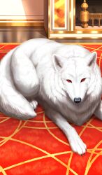 animal_focus claws commentary fate/grand_order fate_(series) fireplace indoors looking_at_viewer lying no_humans official_art red_eyes third-party_source white_wolf wolf xxxxay