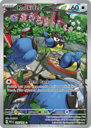 Rule 34 | animal focus, artist name, bird, card (medium), character name, closed mouth, company name, copyright name, copyright notice, eating, english text, flower, food, food on face, from behind, full body, gen 8 pokemon, gossan, grass, leaf, nintendo, no humans, official art, outdoors, pokemon, pokemon (creature), pokemon card, pokemon focus, pokemon tcg, red eyes, rookidee, third-party source, trading card, watering can