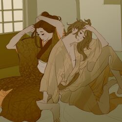 2girls 55bata6rou adjusting_hair arm_up arms_up barefoot breasts closed_eyes green_kimono hand_in_own_hair hands_in_hair head_tilt highres holding holding_own_hair indoors japanese_clothes kimono long_hair long_sleeves medium_breasts multiple_girls obi open_clothes open_kimono original sash sitting tying_hair wide_sleeves