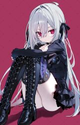 1girl :&lt; absurdres black_boots black_dress black_ribbon boots breasts closed_mouth double-parted_bangs dress goth_fashion grey_hair hair_between_eyes hair_ribbon high_heel_boots high_heels highres knees_up lace-up_boots long_hair long_sleeves looking_at_viewer mearylis_(yamanasi_mikage) medium_breasts original pale_skin pleated_dress red_background red_eyes ribbon simple_background sitting sleeves_past_wrists slit_pupils solo thigh_boots thighs very_long_hair watermark yamanasi_mikage
