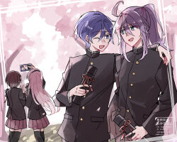2boys 2girls anno_voc arm_around_shoulder black_hairband black_jacket black_thighhighs blue_eyes blue_hair brown_hair cherry_blossoms diploma_tube falling_petals gakuran hairband highres jacket kaito_(vocaloid) kamui_gakupo long_hair looking_at_another male_focus megurine_luka meiko_(vocaloid) multiple_boys multiple_girls one_eye_closed open_mouth petals pink_hair pink_skirt pleated_skirt ponytail purple_hair school_uniform selfie short_hair skirt smile spring_(season) thighhighs very_long_hair vocaloid