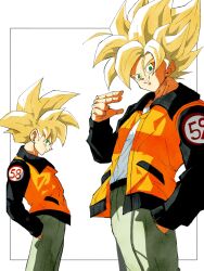Rule 34 | 2boys, blonde hair, dragon ball, dragonball z, father and son, green eyes, green pants, hands in pockets, highres, jacket, looking at viewer, matching outfits, multiple boys, open clothes, open jacket, orange jacket, pants, pato007711, simple background, smile, son gohan, son goku, super saiyan, super saiyan 1
