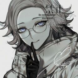 1boy aotsuki_eito black_gloves blue_eyes dated film_grain finger_to_mouth glasses gloves grey_hair hood hooded_jacket jacket looking_at_viewer male_focus portrait round_eyewear short_hair signature smile solo the_hundred_line_-last_defense_academy- twitter_username uehara_hachi white_jacket