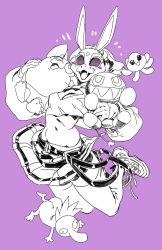 1girl animal_ears baby_talking_tattletail breasts cleavage highres holding holding_toy homestuck jumping lexivine limited_palette mask midriff neon_violet neon_white official_art purple_background rabbit_ears rabbit_mask shoes short_hair simple_background skirt smuppet sneakers solo squiddle stuffed_animal stuffed_toy tattletail thighhighs toy