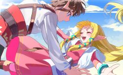 1boy 1girl blonde_hair blue_ribbon blue_symphony_(idolmaster) blush boots brown_boots brown_hair closed_eyes cloud commentary day dress earrings hair_ribbon highres jewelry link long_hair long_sleeves namazuoku nintendo open_mouth outdoors outstretched_arms pink_dress pink_ribbon pointy_ears princess_zelda ribbon shirt sky the_legend_of_zelda the_legend_of_zelda:_skyward_sword tress_ribbon