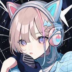 animal_ear_headphones animal_ears brown_hair character_request eyelashes fake_animal_ears headphones highres looking_at_viewer makeup mole mole_under_eye mole_under_mouth multicolored_hair open_mouth pink_eyes portrait rouge_(makeup) square streaked_hair virtual_youtuber vvorks yoruse