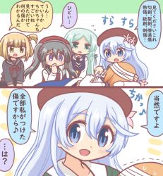 2koma 5girls :d :o aoba_chika bad_id bad_twitter_id bandaged_head bandages beret black_hair black_necktie black_ribbon black_vest blonde_hair blue_eyes blue_hair blush collared_shirt comic flower flying_sweatdrops grey_hair hair_between_eyes hair_bobbles hair_flower hair_ornament hair_ribbon hat hiroe_chiharu long_hair long_sleeves looking_at_another lying magia_record:_mahou_shoujo_madoka_magica_gaiden mahou_shoujo_madoka_magica miura_asahi multiple_girls neck_ribbon necktie on_back one_side_up open_mouth orange_hair parted_bangs pink_flower purple_eyes reverse_(bluefencer) ribbon sailor_collar school_uniform serafuku shirt short_hair smile speech_bubble sweat toki_sunao tokime_shizuka trembling twintails vest white_shirt